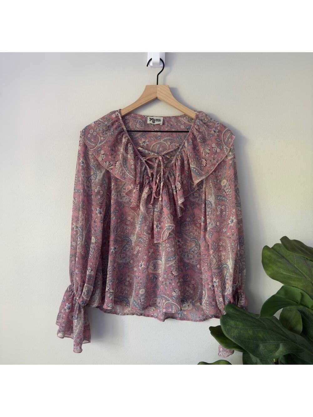 Show Me Your MuMu Sheer Long Sleeve Peasant Top Floral Paisley Lace Up Neckline